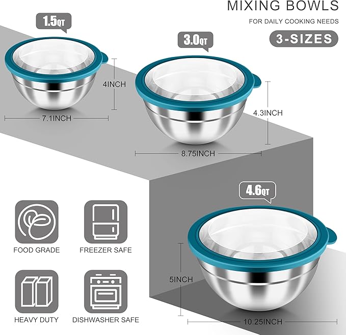 HaWare Mixing Bowls with Airtight Clear Lids, 6-Piece Stainless Steel Strong Nesting Bowls Set, Metal Salad Bowl for Cooking, Prepping, Baking, Serving & Food Storage, Size 4.6, 3, 1.5QT, Teal Blue
