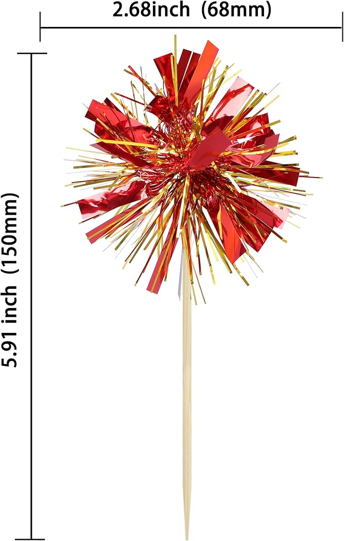 Gyufise 20Pcs Foil Firework Cupcake Toppers Sparkle Tinsel Cake Toppers Tinsel Drink Cake Decoration Cocktail Picks for Birthday Wedding Graduation Party Supplies Gold Red