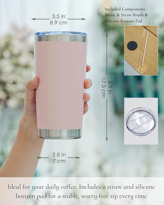 Travel Coffee Tumbler 20oz, 1 Pack Leakproof Travel Coffee Mug with Lid and Straw, Stainless Steel Double Wall Vacuum Insulated Tumbler for Hot/Iced Drinks (Textured Matte, Soft Pink)