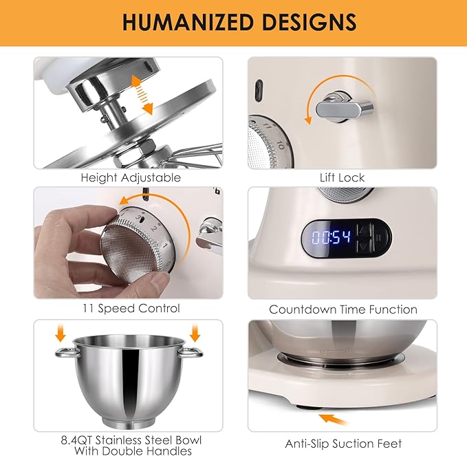 8.4QT Commercial Stand Mixer 800W with NSF Certified and Aluminum Die Casting, Mixers Kitchen Electric Stand Mixer Metal Food Mixer with Stainless Steel 8L Bowl, Dough Hook, Whisk and Beater