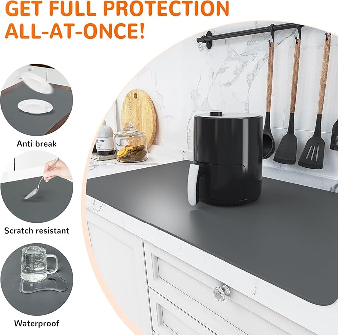 Warome Silicone Mat, 47"x 23" Silicone Mats for Kitchen Counter, Nonslip Heat Resistant Mat, Extra Large Kitchen Counter Mat, Countertop Protector for Craft, No Creases-Gray