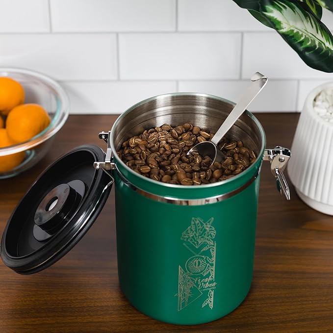 38oz / 22oz Coffee Canister – Airtight Stainless Steel Storage Container with Date Tracker & Scoop, Sealed Jar for Grounds, Beans, Tea, Flour, Cereal, and Sugar (Green Vibes, 38OZ)