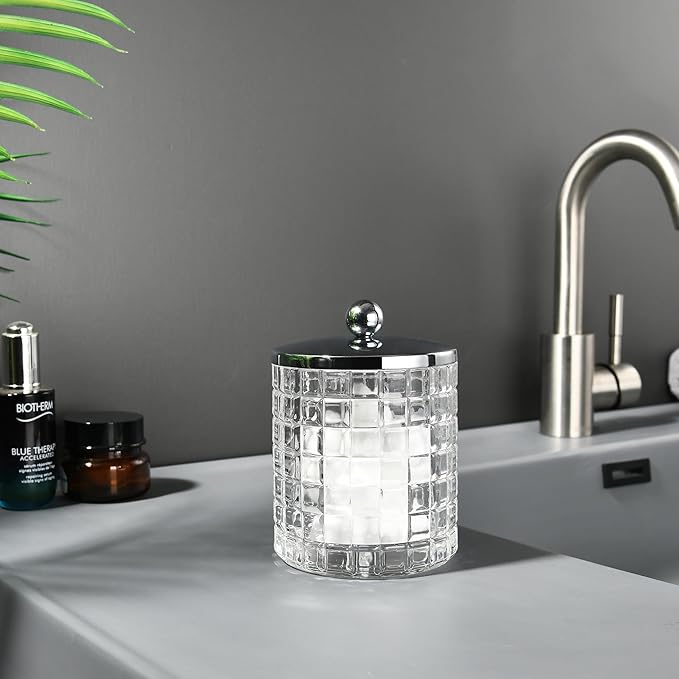 Glass Cotton Jar Holder Silver Lid, Elegant Bathroom Storage Canister for Qtips, Cotton Balls, Floss, Makeup Organizer, Vanity Bathroom Organization