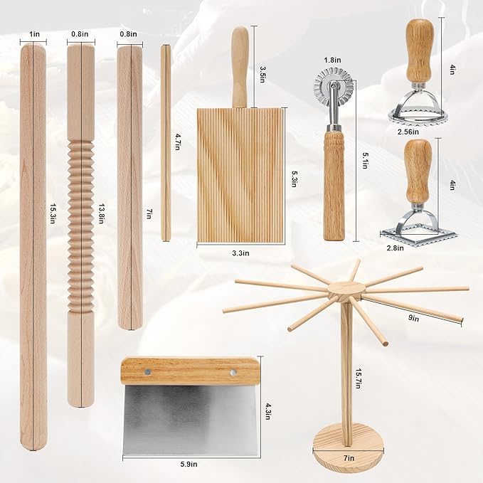 Pasta Making Tools 9 Pcs with Pasta Drying Rack, Threaded Rolling Pin, 2 Rolling Pins, Gnocchi Board, Dough Cutter, Wheel Cutter, 2 Ravioli Stamps,Pasta Making Kit Accessories for Home