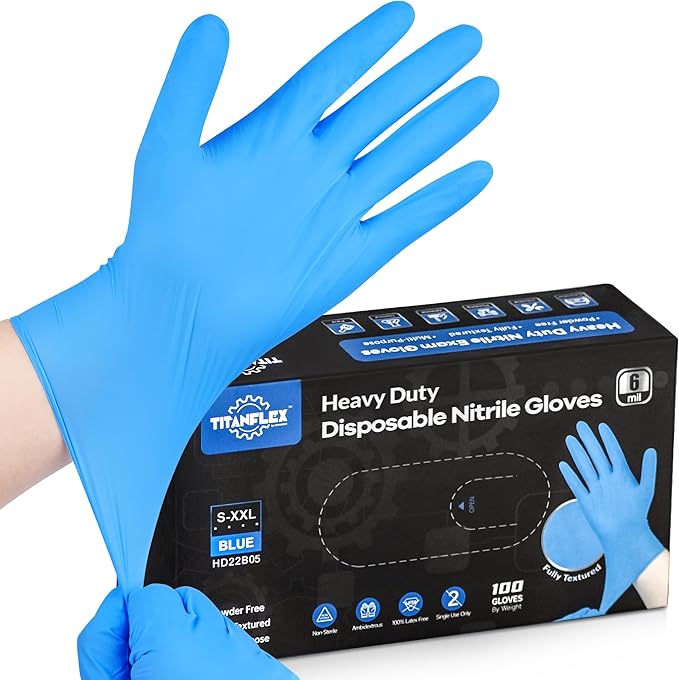 TitanFlex Heavy-Duty Blue Disposable Nitrile Gloves, Box of 100, 6-mil, Fully Textured, Powder-Free, Latex-Free, Non-Sterile