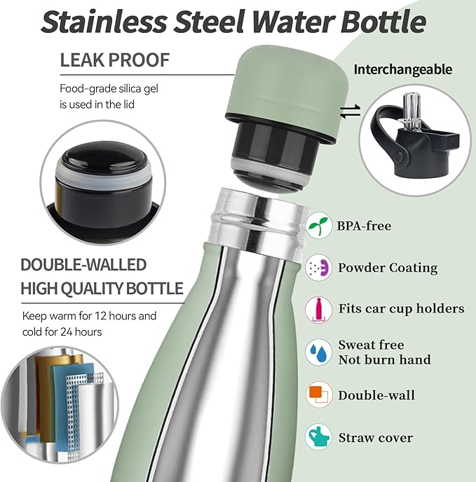 Insulated Water Bottle, 17oz Stainless Steel Water Bottles with straw lid, Metal Sports Water Bottles for Boys,Girls, Double Wall Vacuum BPA-Free Flask for School, Sports (Matcha Green)