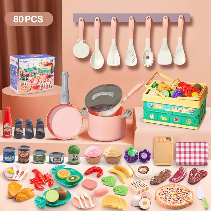 80pcs Pretend Play Kitchen Set for Toddlers, Kids Cookware Playset with Pots/Pans/Food/Fruits/Vegetables/Picnic Blanket/Storage Basket, Pink Educational Learning Toy Gift for Boys & Girls