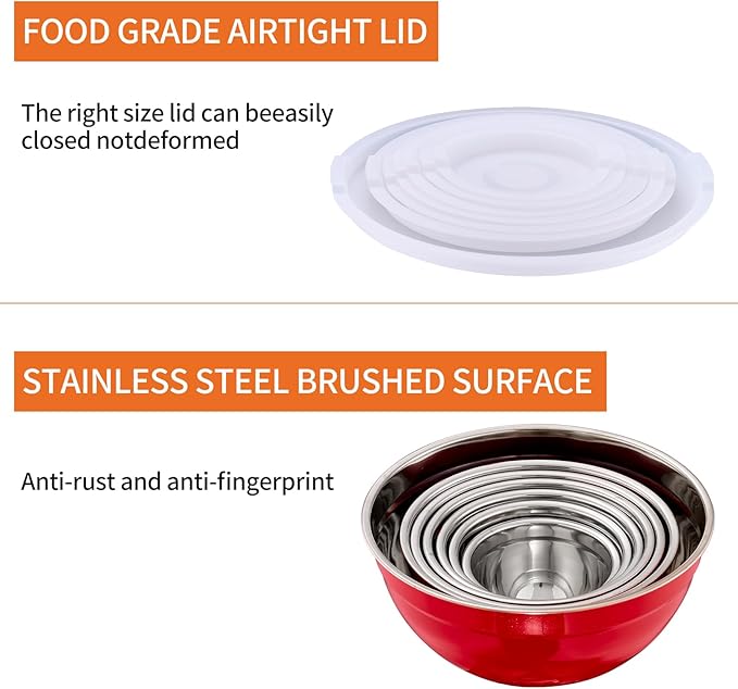 Red Mixing Bowls With Airtight Lids,Stainless Steel Bowl,Salad Bowls 7 Piece Colorful Nesting Bowl Red Kitchen Accessories,Size 7,3.6,2.7,2.1,1.5,1.1,0.8QT Stackable Design