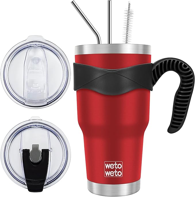 WETOWETO 30oz Insulated Tumbler With 2 Lids and 2 Straws, Stainless Steel Double Vacuum Coffee Tumbler Cup with handle, Powder Coated Travel Mug for Office, Travel(Harvest Red, 1 Pack)