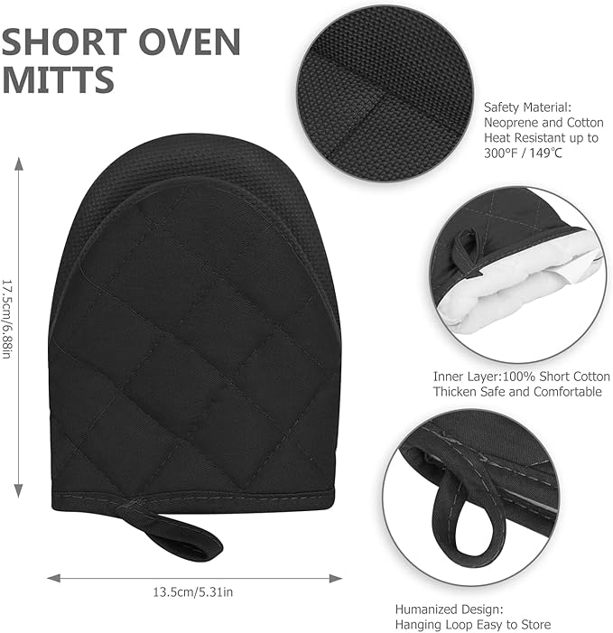 Qulable 1 Pair Short Oven Mitts - Silicone Kitchen Oven Gloves High Heat Resistant 500℉, Mini Oven Mits with Non-Slip Grip Surfaces and Hanging Loop for BBQ, Baking, Cooking and Grilling (Black)