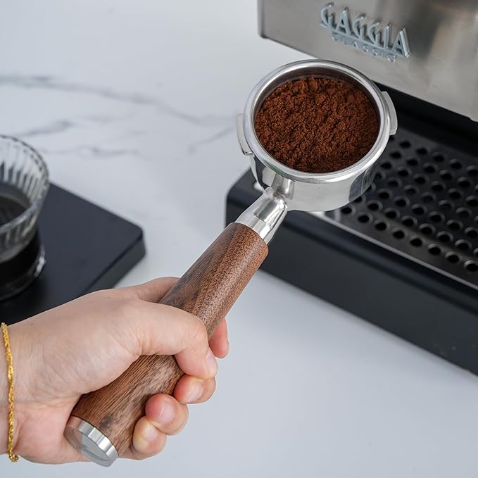 58mm Bottomless Portafilter for Gaggia Classic Pro, Evo, E24 Espresso Machines With Upgraded Walnut Handle and 18-21 Gram Filter Basket