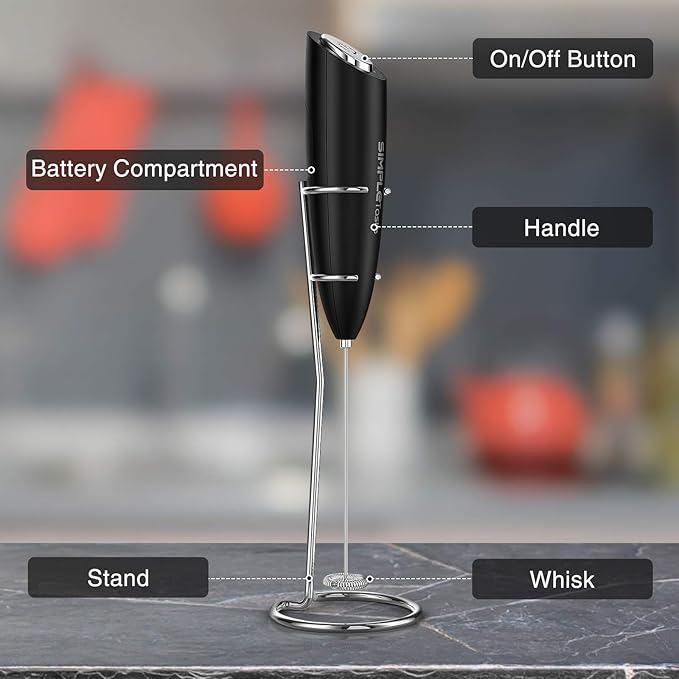 SIMPLETaste Milk Frother Handheld Battery Operated Electric Foam Maker, Drink Mixer with Stainless Steel Whisk and Stand for Cappuccino, Bulletproof Coffee, Latte
