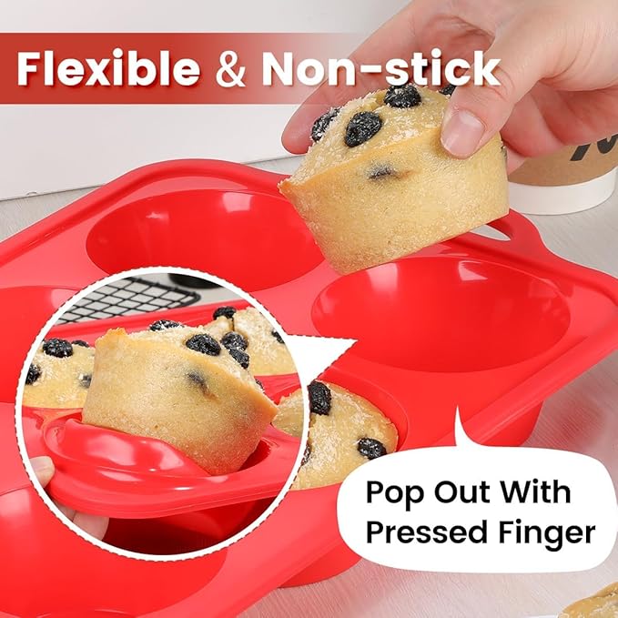 Jumbo Muffin Pan, 3.5 Inch Large Muffin Pan with Metal Reinforced Frame 6 Cup Silicone Jumbo Cupcake Pans for Baking Easy to Handle 2 Pack Red