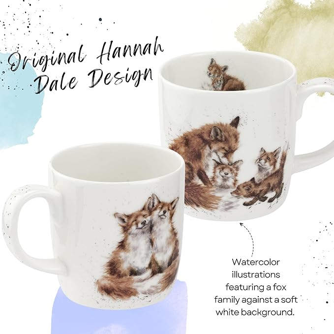 Royal Worcester Wrendale Designs 14 oz Mug, Bedtime Kisses - Fine Bone China with Fox Family Motif - Woodland Themed Tea Mug for Cozy Cottagecore Homes - Safe Ceramic Drinkware for Daily Use