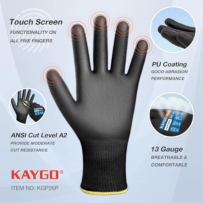 KAYGO Cut Resistant Gloves PU Coated, 12 Pairs Safety Work Gloves with full fingers Touchscreen, ANSI Cut Level A2, for Men and Women, Ideal for General Duty Work KG11P, Black,XL