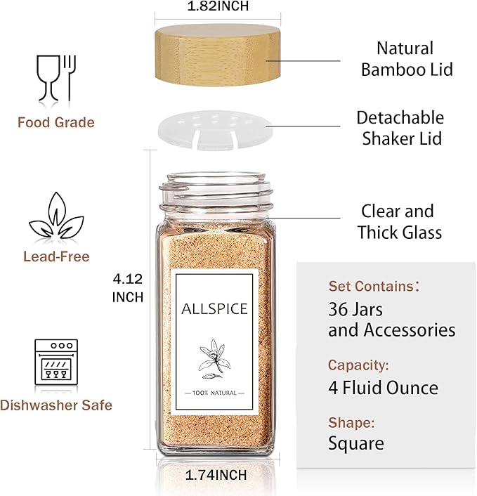 Aliggbent Spice Jars with Lable, 36 Pcs 4 oz Glass Spice Jars with Bamboo Lids, Spice Containers Bottles, Glass Seasoning Jars with Shaker Lids, Collapsible Funnel, for Spice Racks, Pantry,Cupboard