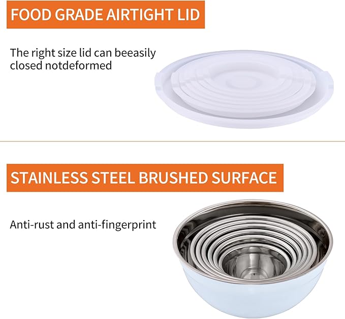 White Mixing Bowls With Airtight Lids,Stainless Steel Bowl,Salad Bowls 7 Piece Colorful Nesting Bowl White Kitchen Accessories,Size 7,3.6,2.7,2.1,1.5,1.1,0.8QT Stackable Design
