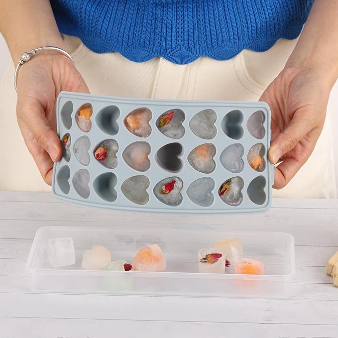 Heart Shaped Ice Cube Trays with Lid and Bins, Silicone Chocolate Mold, Easy Release Ice Trays, 24-Cavity Heart Molds for Ice Cubes, Gelatine, Baking and Candy