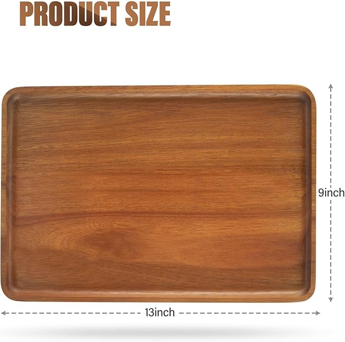 2 PCS 13 x 9 in Solid Acacia Wood Serving Trays Rectangular Wooden Serving Platters Natural Wooden Boards for Bar Coffee Party