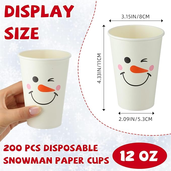 200 Sets Christmas Snowman Soup Kits for Classroom Coworker Gift 12 Oz Winter Snowman Paper Cups for Hot Cocoa Chocolate Marshmallow Soup Tags Clear Xmas Bags (Elegant)