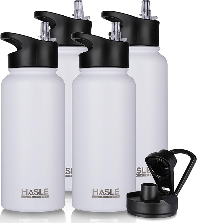 HASLE OUTFITTERS 32 oz Insulated Water Bottle Stainless Steel Double Walled Vacuum Sports Water Bottle with 2 Lids (Straw and Spout Lid) for Gym Camping Hiking(White,4)