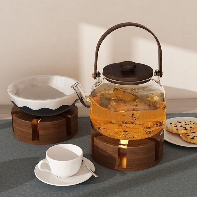 Teapot and Food Warmer - Portable Food Warmer for Camping and Traveling - Buffet Server and Warmer - Candle Food and Teapot Warmer - Acacia, 6.25" (Pattern 1)