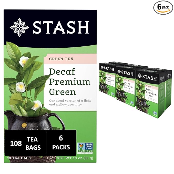 Stash Tea Decaf Premium Green Tea - Decaf, Non-GMO Project Verified Premium Tea with No Artificial Ingredients, 18 Count (Pack of 6) - 108 Bags Total