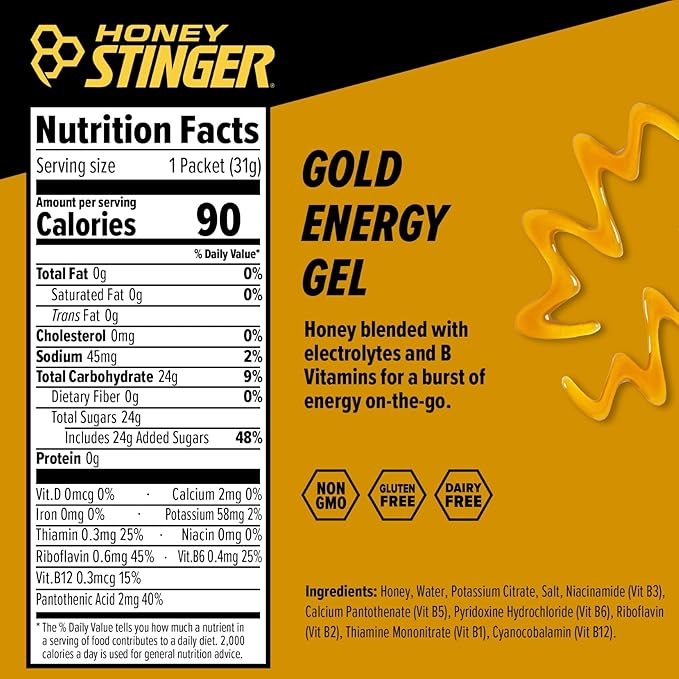 Honey Stinger Gold Energy Gel, Gluten Free & Caffeine Free, for Exercise, Running and Performance, Sports Nutrition for Home & Gym, Pre and Mid Workout, 24 Pack, 26.4 Ounce