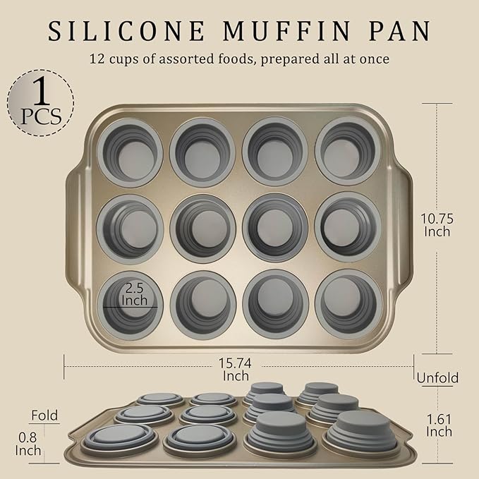 Nonstick Silicone Muffin Pan with Metal Frame – 12-Cup Easy-Release Cupcake & Egg Bite Mold for Baking, Oven-Safe & Non-Toxic Bakeware