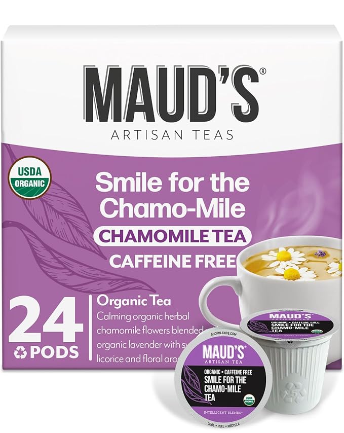 Maud's Organic Chamomile Lavender Tea Pods, 24 ct, Recyclable Single Serve Pods – 100% Gourmet Blended Tea Leaves, Compatible with Keurig K Cups Maker