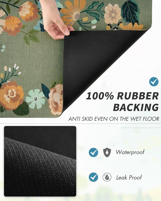 AMOAMI Coffee Mat Hide Stain Rubber Backed Absorbent Dish Drying Mat for Kitchen Counter - Fits Under Coffee Maker or Machine - Floral GREEN 17x31.5