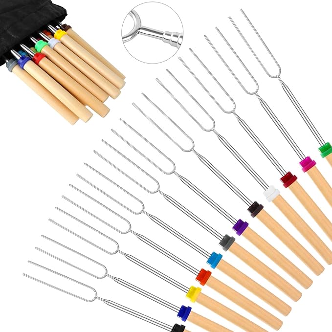 12 PCS Marshmallow Roasting Sticks, Telescoping Smores Sticks for Open Fire Pit, 32 Inch Long Marshmallow Toasting Barbecue Forks S'mores Skewers for Campfire Camping Hotdog Hot Dog Bonfire Grill