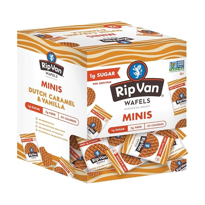 Rip Van Wafels Dutch Caramel & Vanilla Mini Stroopwafels - Low Carb Snacks (3g Net Carbs) - Non GMO Snack - Keto Friendly - Office Snacks - Low Calorie Snack (35 Calories) - Low Sugar (1g) - 128 Count