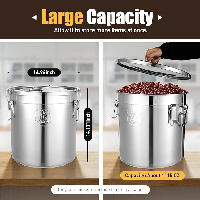 1115 OZ Stainless Steel Canister Rice Cereal Grain Storage Containers with Lid Airtight Coffee Bean Storage Milk Flour Sugar Food Storage for Home Bar Restaurant (33L/1115 OZ)