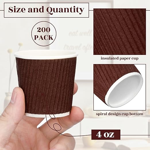 Yaomiao 200 Pcs 4 oz Disposable Espresso Coffee Cups Ripple Corrugated Paper Insulated Hot Cups for Party Cold Drinks Hot Beverage Tea(Coffee)