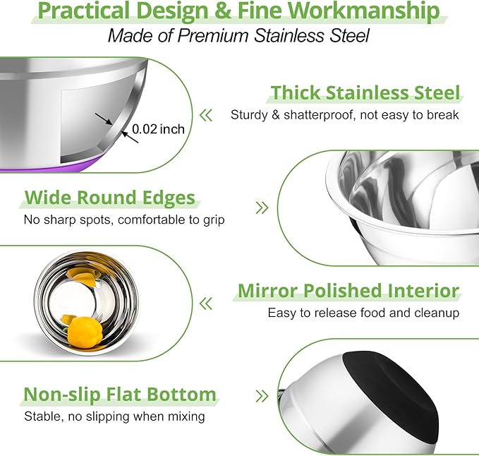 TeamFar Mixing Bowls, 5PCS Stainless Steel Serving Salad Bowls with Lids, For Kitchen Mixing/Baking/Storing/Prepping, Visible & Airtight, Non-Slip Bottom - 4.6/3.5/1.5/1 / 0.7 QT, Multi-color