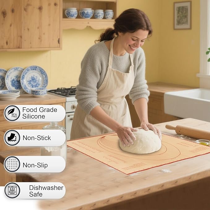 Banneton Bread Proofing Basket & Silicone Baking Mat Set, Oval & Round Sourdough Bread Baking Supplies Proofing Bowls with Liner & Cover Cotton Rope Sourdough Banneton Basket for Bread Making (Khaki)