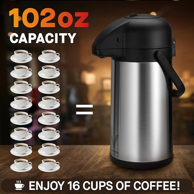 Airpot Coffee Dispenser with Pump - 2Pcs 102 oz Insulated Stainless Steel Coffee Carafe - Thermal Beverage Dispenser - Coffee Urn for Hot/Cold Water, Party Chocolate Drinks