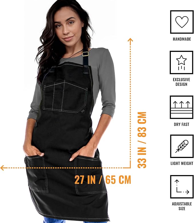 Under NY Sky Chef Apron – Professional Black Twill – Cotton Straps - Smart Pockets - Adjustable for Men and Women – Pro Chef, Cook, Kitchen, Baker, Barista, Bartender, Server Aprons