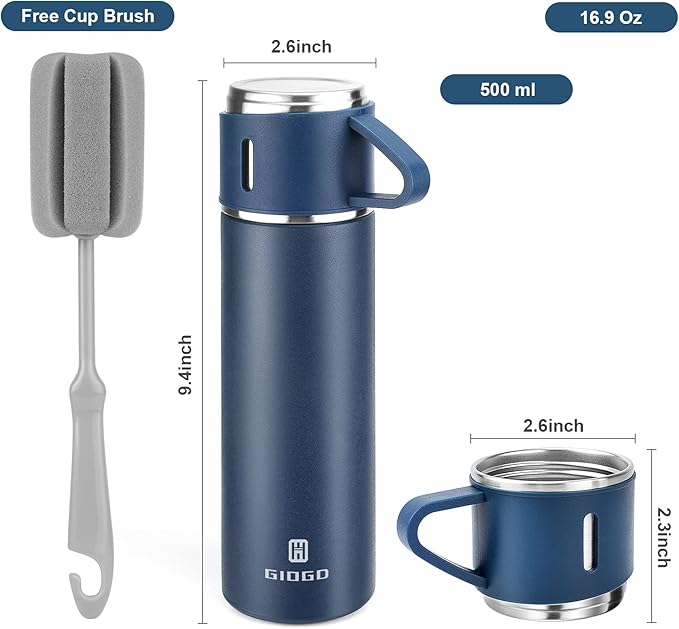 Stainless Steel Thermo 500ml/16.9oz Vacuum Insulated Bottle with Cup for Coffee Hot drink and Cold drink water flask.(Blue,Set)