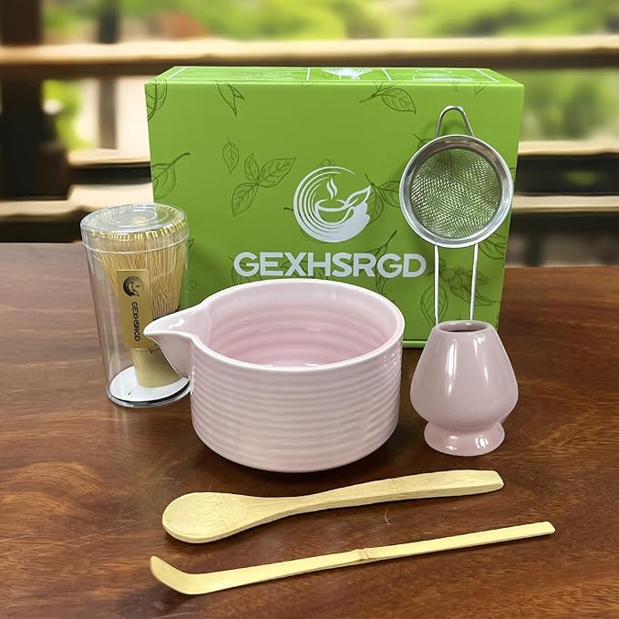 Matcha Whisk Set,6Pcs Matcha Kit Includes Matcha Whisk and Holder,Matcha Bowl with Spout,Matcha Sifter and 2Pcs Matcha Spoon,Suitable as a gift for those who like matcha (Pink)