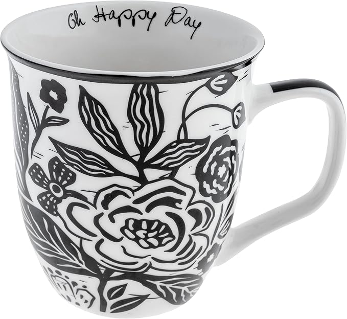 Karma Gifts 16 oz Black and White Boho Mug Floral - Cute Coffee and Tea Mug - Ceramic Coffee Mugs for Women and Men, 4.25" x 3.7"