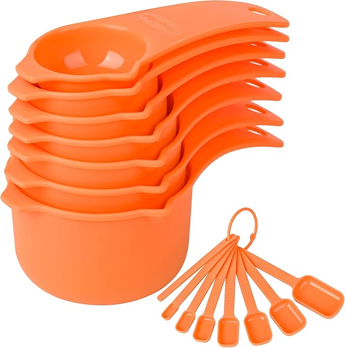 Orange Measuring Cups and Spoons Set 15, 7 Plastic Measuring Cup Set, 7 Spice Long Handle Measuring Spoons with 1 Leveler for Kitchen and Baking, Dry Metric Measure Cups & Spoons Set