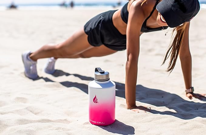 HYDRO CELL Stainless Steel Insulated Water Bottle with Straw - For Cold & Hot Drinks - Metal Vacuum Flask with Screw Cap and Modern Leakproof Sport Thermos for Adults (White/Pink 64oz)