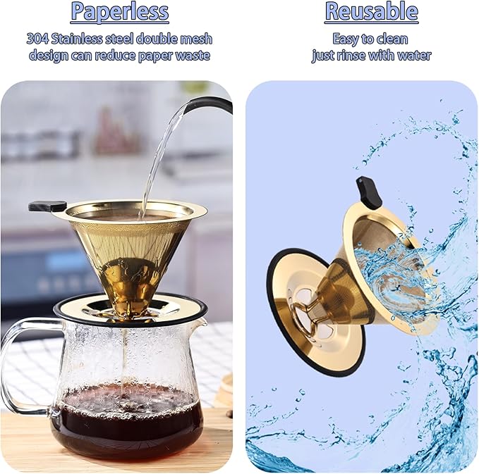 Small Size Pour Over Coffee Dripper, Stainless Steel Metal Cone Drip Coffee Filter, Paperless and Permanently Reusable, Double Mesh Coffee,TeaFilter for 1-2 Cups