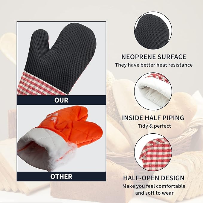 Oven Mitts and PotHolders Sets, 4 Pcs Kitchen Oven Glove High Heat Resistant 400°F Pot Holders for Kitchen, Non-Slip Neoprene Oven Mitts are Suitable for Cooking, Baking (Red Grid)