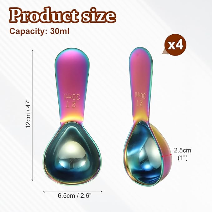 uxcell 2Pcs Stainless Steel Coffee Scoop, 30ml Short Handle Measuring Spoon for Ground Coffee Tea Sugar Kitchen Gifts, Rainbow