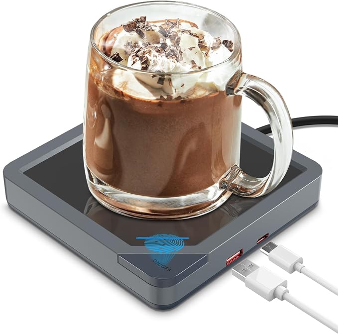 Coffee Mug Warmer with 2 USB Charging Ports: Auto Shut-Off Candle Wax Warmer - Heated Beverage Coffee Accessories for Home Office Desk - U1 Gray