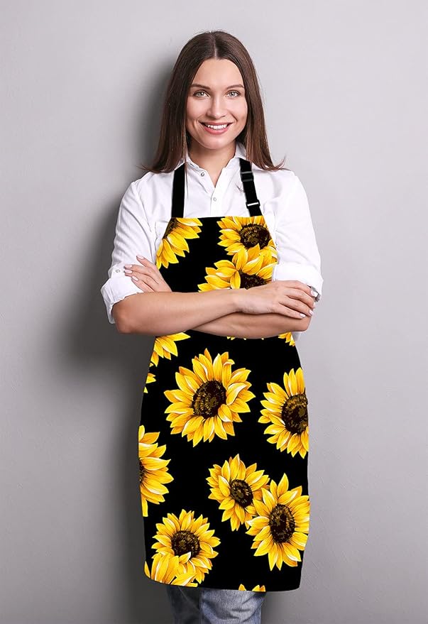 Sunflowers Black Tropical Flower Daisy Adjustable Bib Apron, Cute Floral Sunflower Cooking Kitchen Apron for Men Women