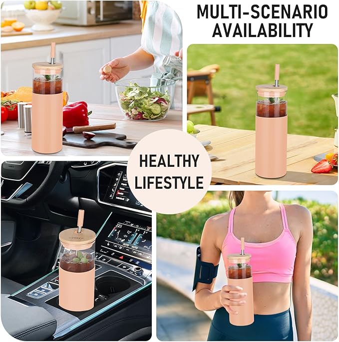 Glass Tumbler w/Lids & Straw - 24oz Reusable Mug w/Bamboo Lid & Stainless Steel Straw - BPA-Free, Leak-Proof, Dishwasher Safe for Coffee, Smoothies, Hot Beverages, Travel, Office, Home Use,1-PK